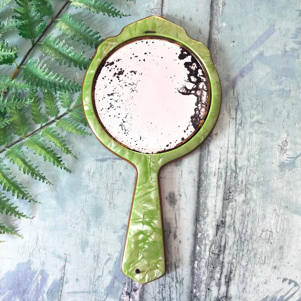 Vintage Heavy Jade Marbleized Hand Mirror, Beveled Glass, 1940s Vanity Decor